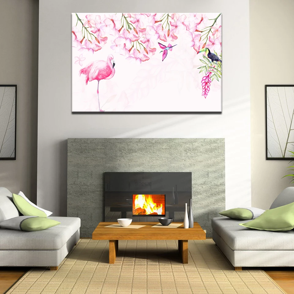 Abstract Watercolor Flower Wall Art Canvas Painting Animal Bird Pink Mural Flamingo Home Decor Living Room Picture Poster | Дом и сад