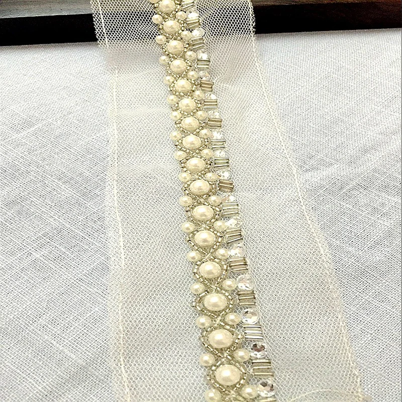 3 ярдов Белый Черный бисером кружевной отделкой горный хрусталь жемчужные бусины