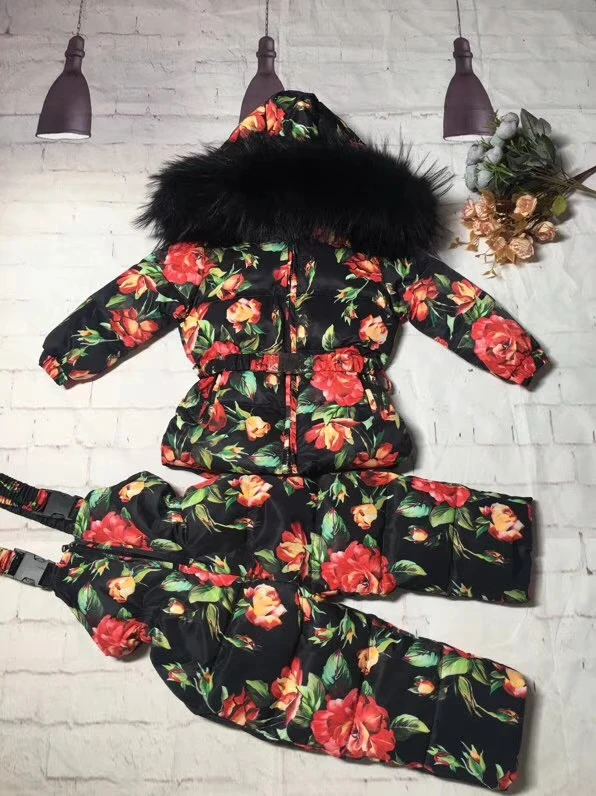 Real raccoon fur winter jacket child suit jacket+pant twinset boy& girl ski suits children down jacket outerwear parka