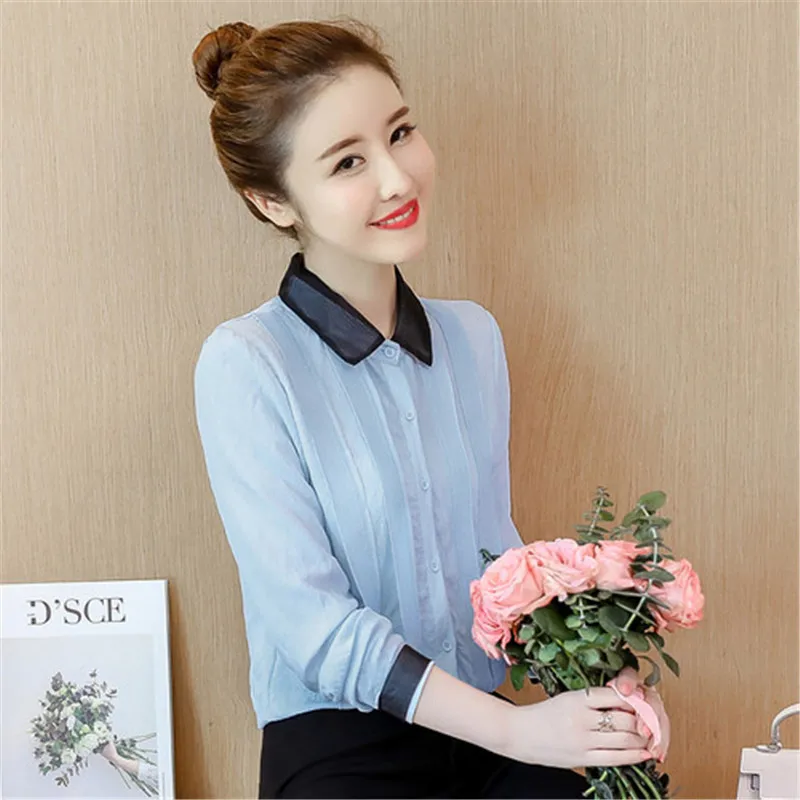 2018 Модные женские элегантные блузки синего розового и белого цветов шифоновая