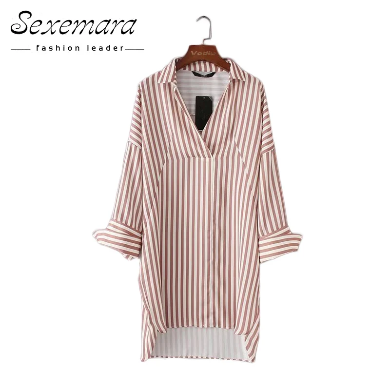 Женская Длинная блузка с вышивкой Повседневная рубашка розового цвета в полоску