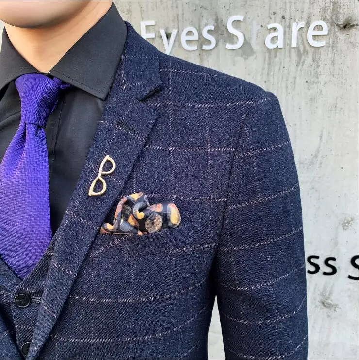 

(Jacket+Pants+Vest) British Men Black Blue Plaid Suits for Men Slim Fit Groom Wedding Suit Male 3 Piece Business Formal Wear