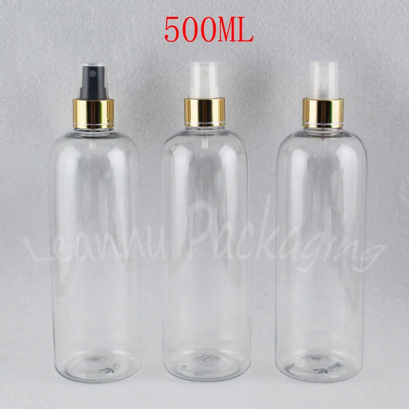 

500ML Transparent Plastic Bottle With Gold Spray Pump , 500CC Empty Cosmetic Container , Toner / Water Packaging Bottle