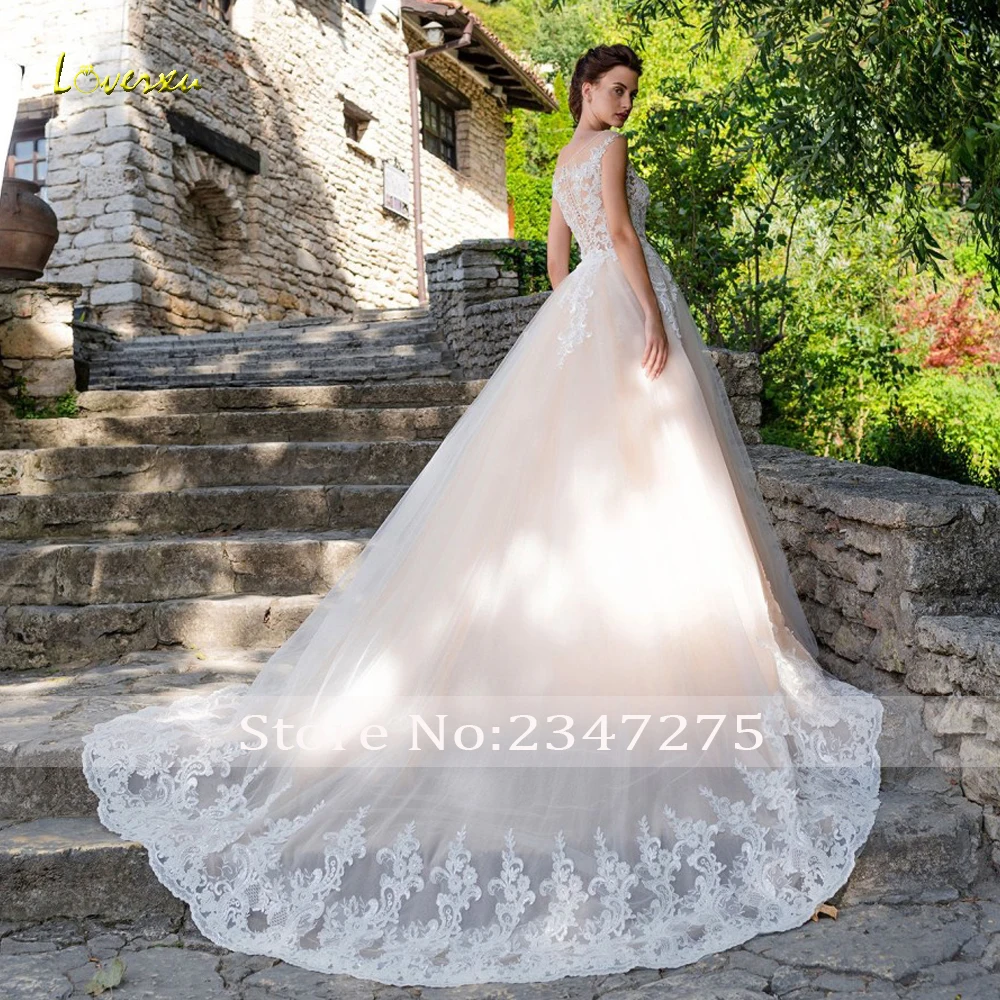 

Loverxu Sexy Illusion Scoop Neck Lace A Line Wedding Dresses 2019 Luxury Applique Beaded Court Train Vintage Bridal Gowns