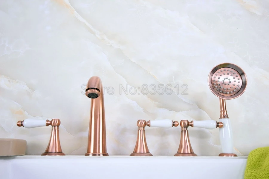 

Antique Red Copper 5piece Bathtub fauce bathroom faucet for hot and cold Mixer tap Sink faucet 3 handle 5 hole ttf210