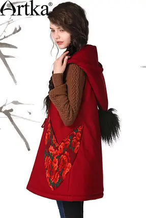 Женский винтажный жилет с капюшоном ARTKA красный хлопковый цветочной вышивкой на