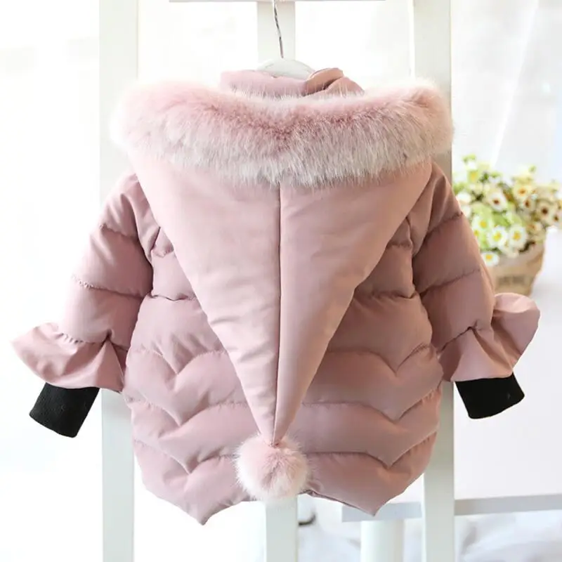 Куртка для девочек с меховым капюшоном зимняя парка хлопковой подкладкой