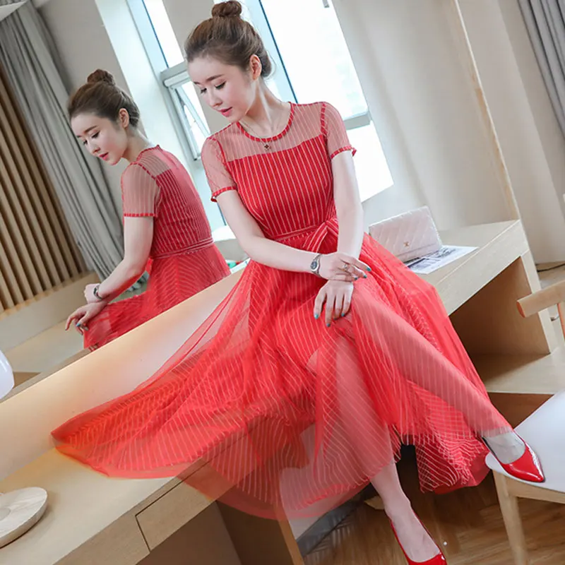 2020 летнее женское платье в полоску с круглым вырезом и коротким рукавом