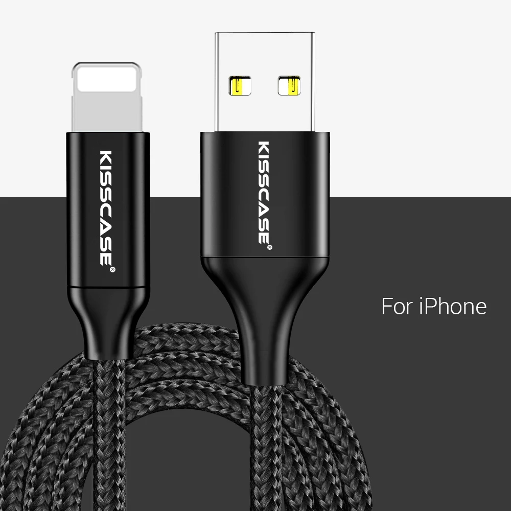 KISSCASE Cable For iPhone XR XS X 7 8 Wire For Charger USB Data Cable For iPhone 6 6S 7 8 USB Charging Cable Phone Cord Adapter - Цвет: Черный