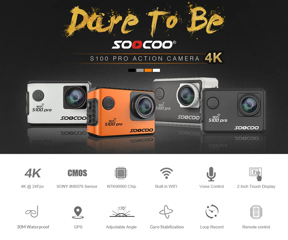4K WI-FI Спортивная Экшн-камера Камера SOOCOO S100 Pro HD Водонепроницаемый DV видеокамера 20MP 170 градусов Широкий формат 2 дюймов ЖК-дисплей 2,4 ГГц пульт дистанционного управления