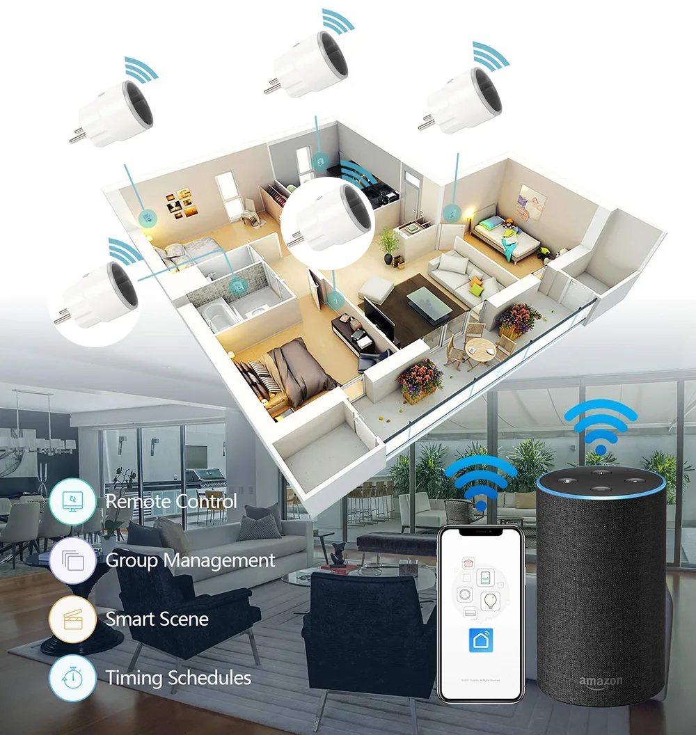 Умная Мини-розетка Tuya Smart life, Wi-Fi, штепсельная вилка европейского стандарта, 2000 Вт, 10 А, розетка с таймером, голосовое управление, работает с Alexa Google IFTTT