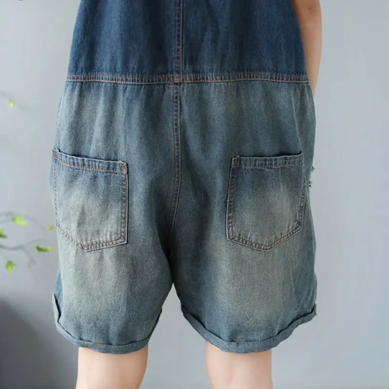 Vintage Loose Women Playsuits 2021 Summer Ripped Fashion Casual Denim Overalls Shorts Plus Size Wide Leg Female Suspender Jeans