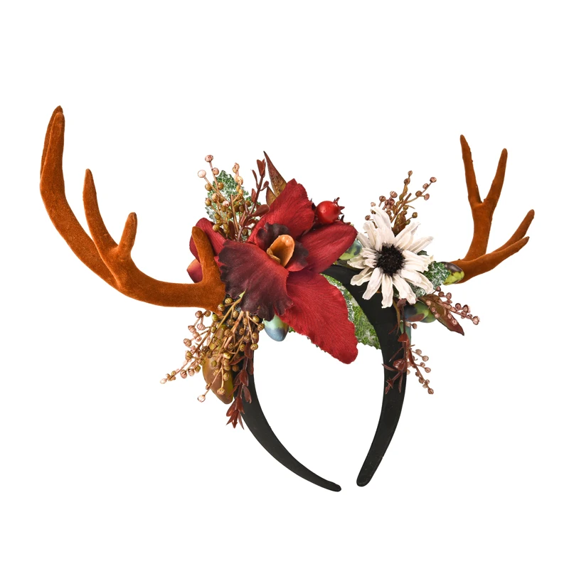 

Gothic Reindeer Antlers Hairband Christmas Party Girls Brown Deer Horns Costume Headband Floral Party Headdress Halloween