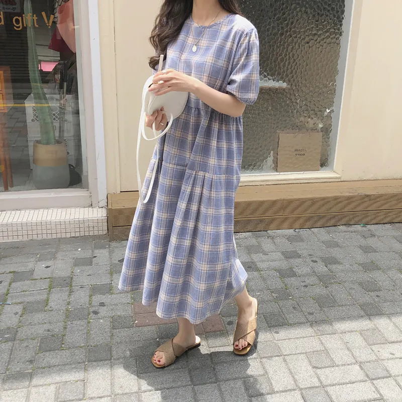 Women Summer Long Plaid Straight Dress Vestidos High Waist Blue Casual Maxi Robe Femme Loose Sukienki Sommerkleid Jurken
