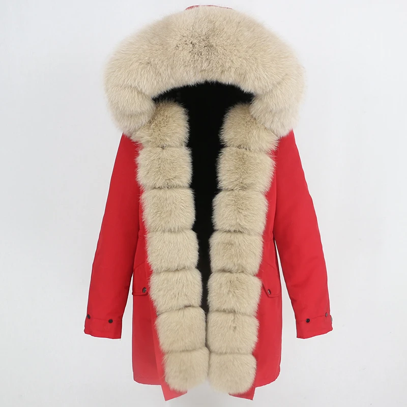 red dark beige Водонепроницаемая Женская длинная парка, зимняя куртка, Женское пальто из натурального меха, Воротник из натурального Лисьего меха, капюшон, теплая Съемная уличная одежда, роскошная Новинка - Цвет: red dark beige