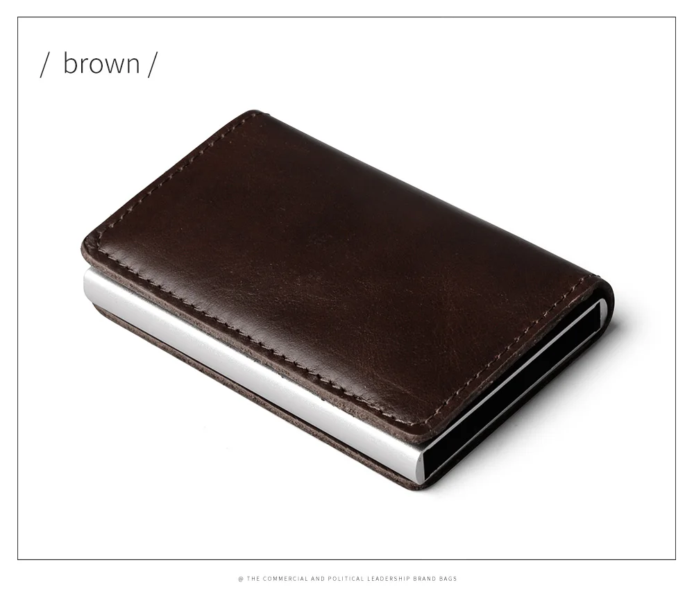 Men Wallet Automatic Credit card holder Crazy Horse Genuine Leather Aluminum Mini Wallet With Back Pocket ID Card RFID Blocking