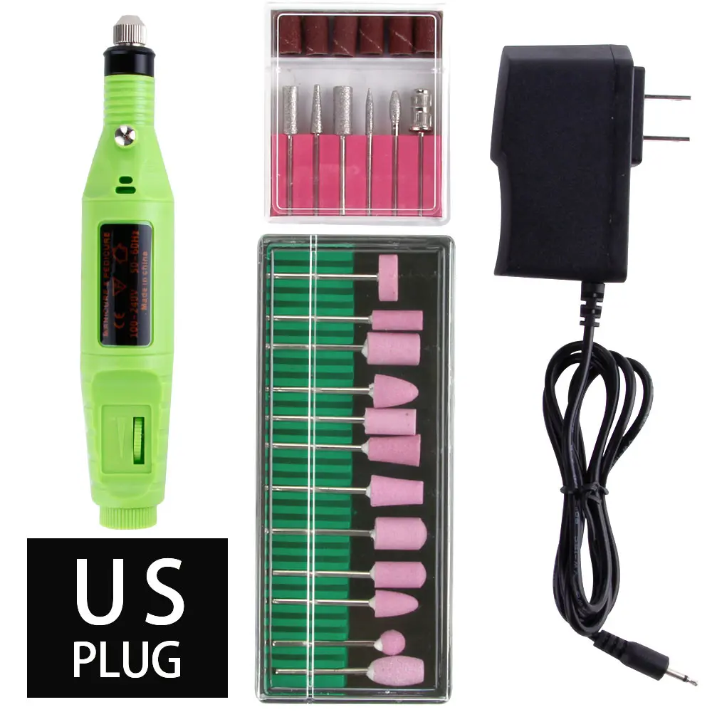 Green US Plug Электрический профессиональный маникюрный аппарат пилка для ногтей керамический сверло для ногтей вращающийся заусенец для кутикулы чистый фрезерный карандаш полировочное оборудование - Цвет: Green US Plug