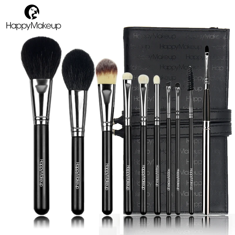 HAPPY MAKEUP Профессиональный набор кистей для макияжа из натурального козьего волоса, медный наконечник, пудра, Базовая кисть для теней, 10 шт. в комплекте, мешочек