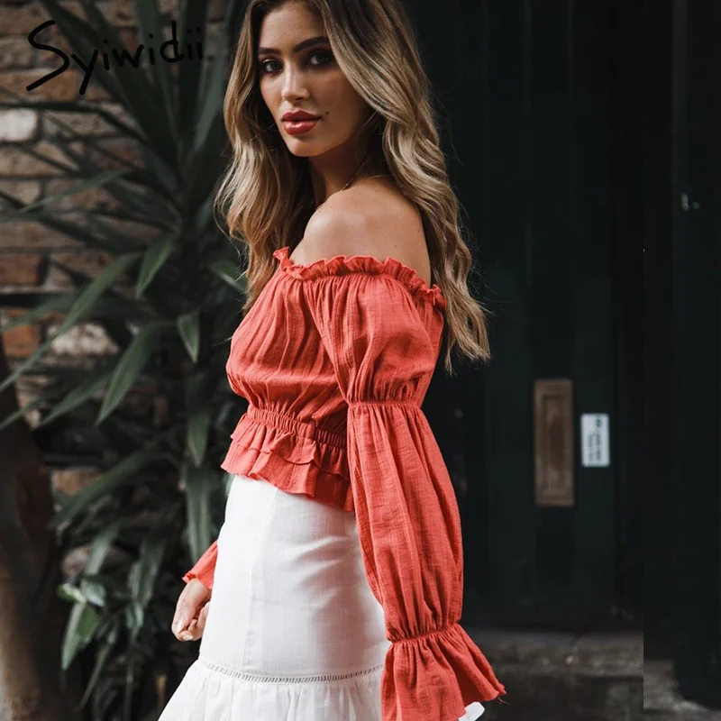 Женские рубашки с вырезом лодочкой блузки оборками льняные богемные оранжевые