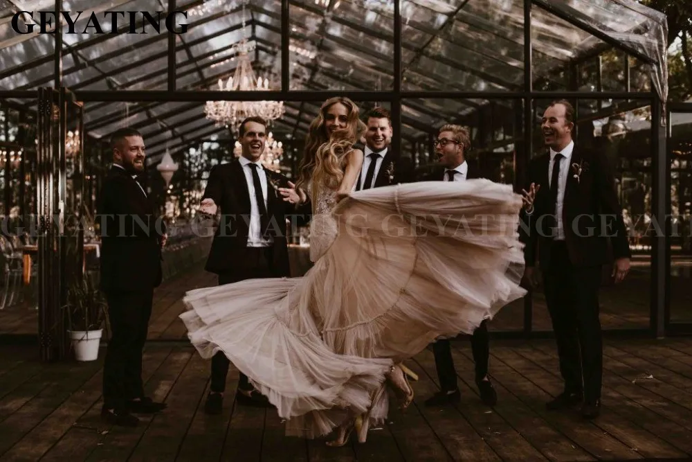 Vestidos Novia винтажные кружевные аппликации свадебное платье цвета шампань Boho пляжные свадебные платья сексуальные глубокий v-образный вырез с открытой спиной Robe de Mariee