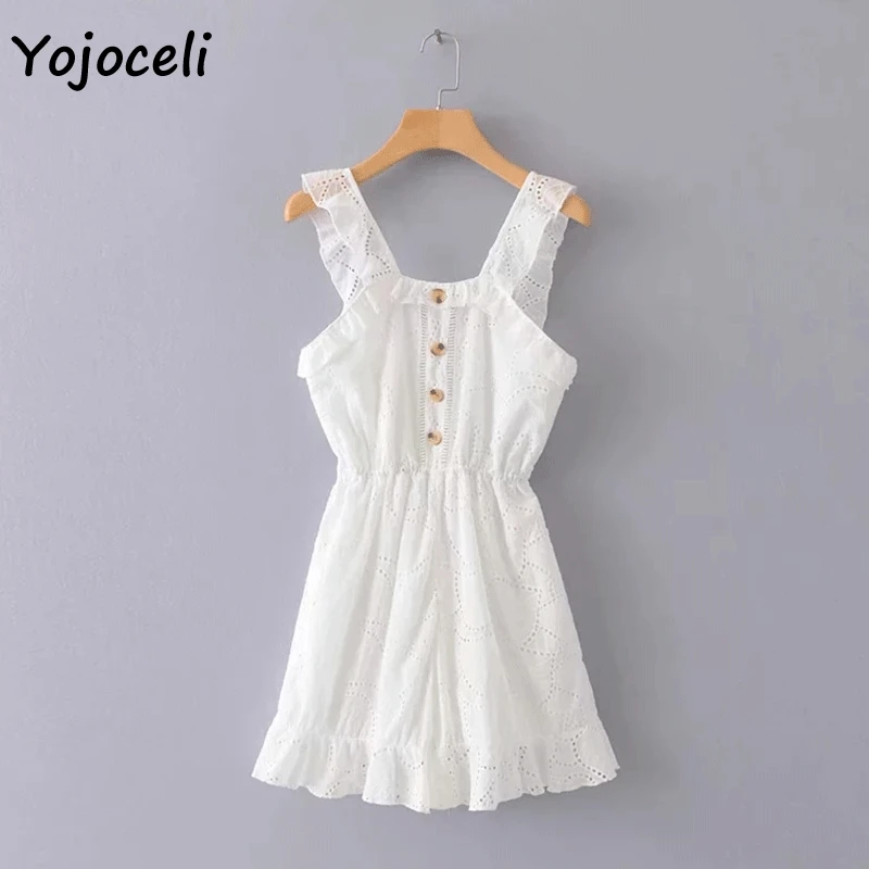 Женский хлопковый комбинезон Yojoceli короткий пляжный с вышивкой и оборками 2019 |