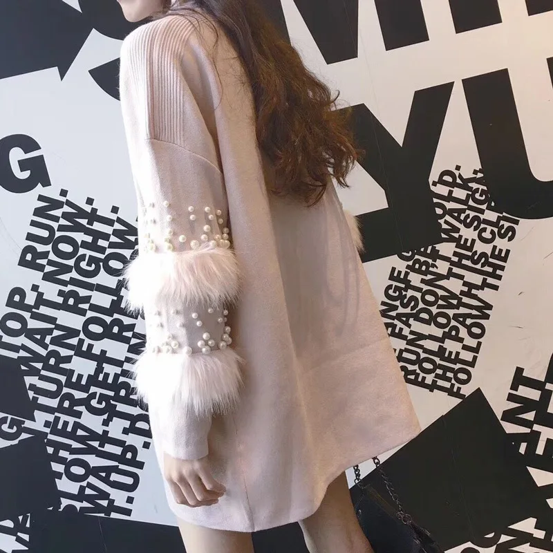 Rlyaeiz Sweater Women 2018 Autumn Winter Fashion Beading Half Turtleneck Knitwear Pullover Woman Loose Mid-long Knitted Sweaters | Женская