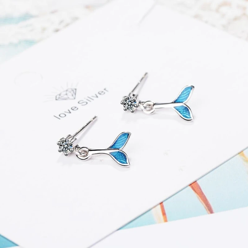 Sole Memory Blue Fishtail Zircon Cute Fresh Sweet 925 Sterling Silver Fashion Female Dangle Earrings SEA465 | Украшения и