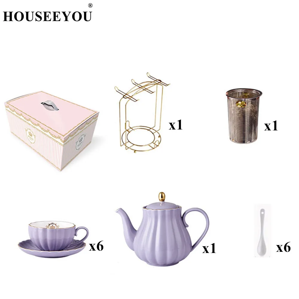 15pcs Краткое British костяного фарфора тыква полоса посуда для напитков керамическая кофейная чашка кружка с молоком чайник Блюдце Ложка Позолоченный Комплект полок набор - Цвет: 15pcs