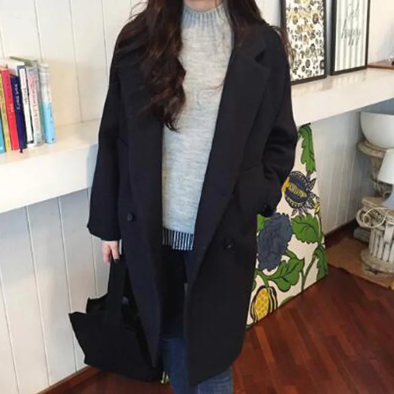 Женское двубортное пальто однотонное с длинным рукавом и карманами 2019 | Женская