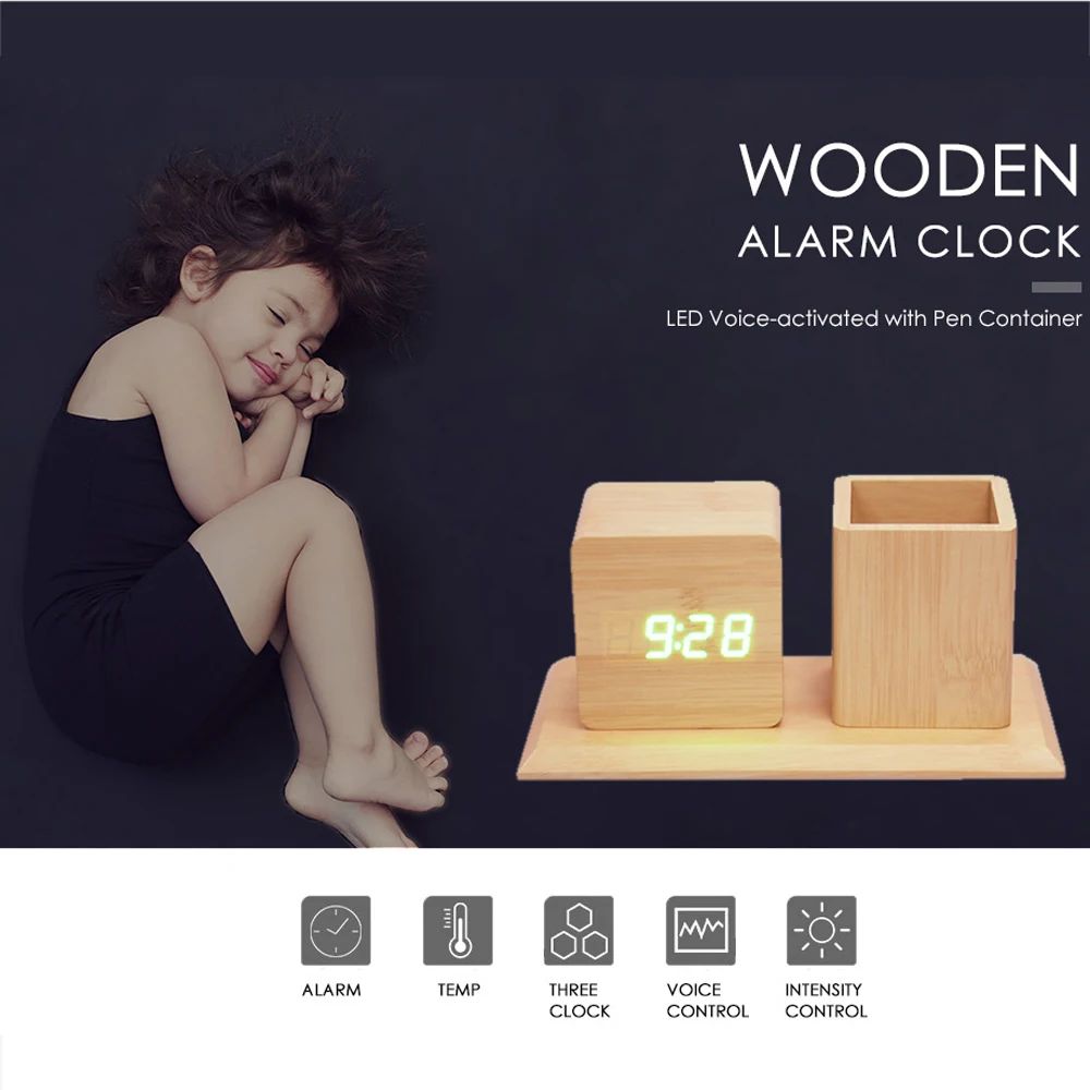 Деревянный Будильник с чехлом-ручкой цифровые бесшумные часы 12 ч/24 ч