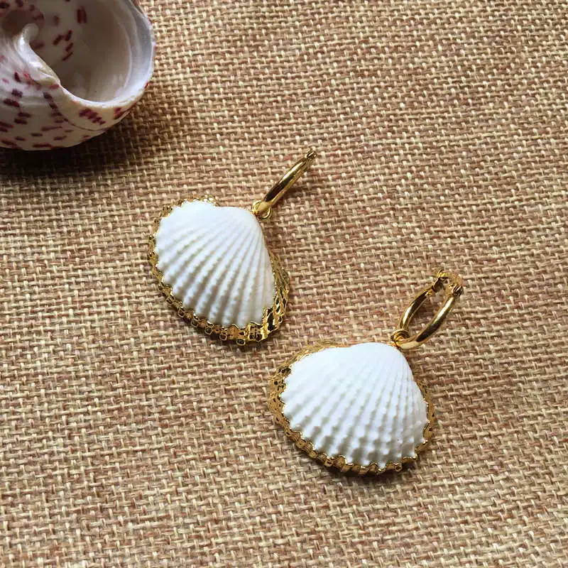 Женские свадебные серьги FUWO в виде ракушек из натурального гребешка с золотой
