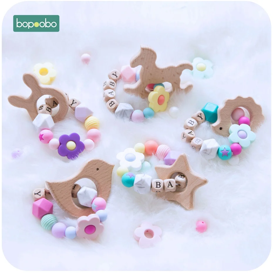 Bopoobo 1 шт. Beech Animal браслет для прорезывающихся зубов персонализированные Индивидуальные Детские имя силиконовые в форме цветка деревянные погремушки милые игрушки "Кролик" кольцо
