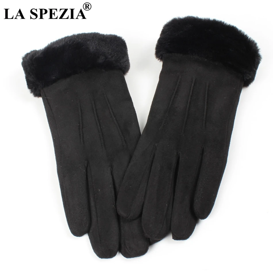 black gloves LA SPEZIA, зимние женские перчатки, розовые, замшевые, кожаные, теплые, с мехом, для девушек, байкерские, для вождения, с сенсорным экраном, варежки, серые - Цвет: black gloves