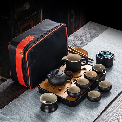 Chinese Style Ceramics Black Kung Fu Tea Set Suit One Teapot and Six Cups Carrying Case Travel Tea Set - Цвет: F