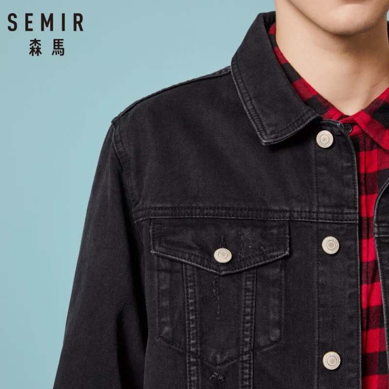 Мужская джинсовая куртка с принтом SEMIR потертая из 100% хлопка воротником