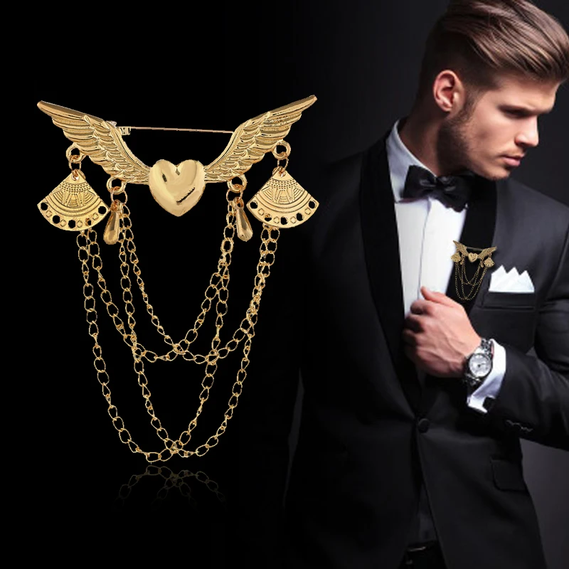 Retro fashion Angel wings Connecting metal long chain Love shape Pendant brooch Men's and women's clothing accessories | Украшения