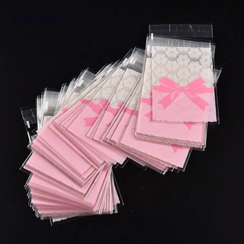 50 Pcs 7*10cm/7*7cm  Cute Pink Bow Design Cake Gift Packages OPP Bags Plastic Candy Cookies Biscuits Bags Wedding Party Supplies