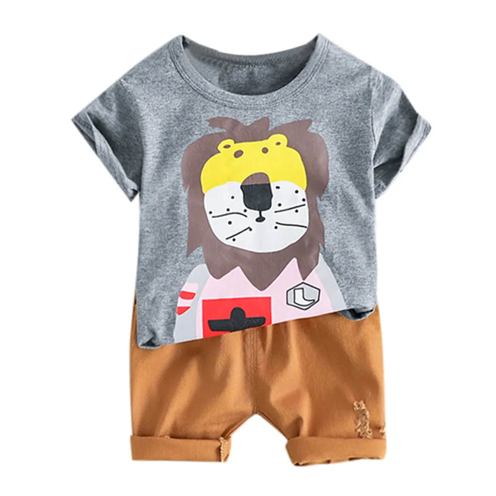 Baby Boy Cartoon Lion Tops T-shirt Solid Short Pants Casual Outfits Newborn Sets 2019 jongens kleding ensemble garcon |