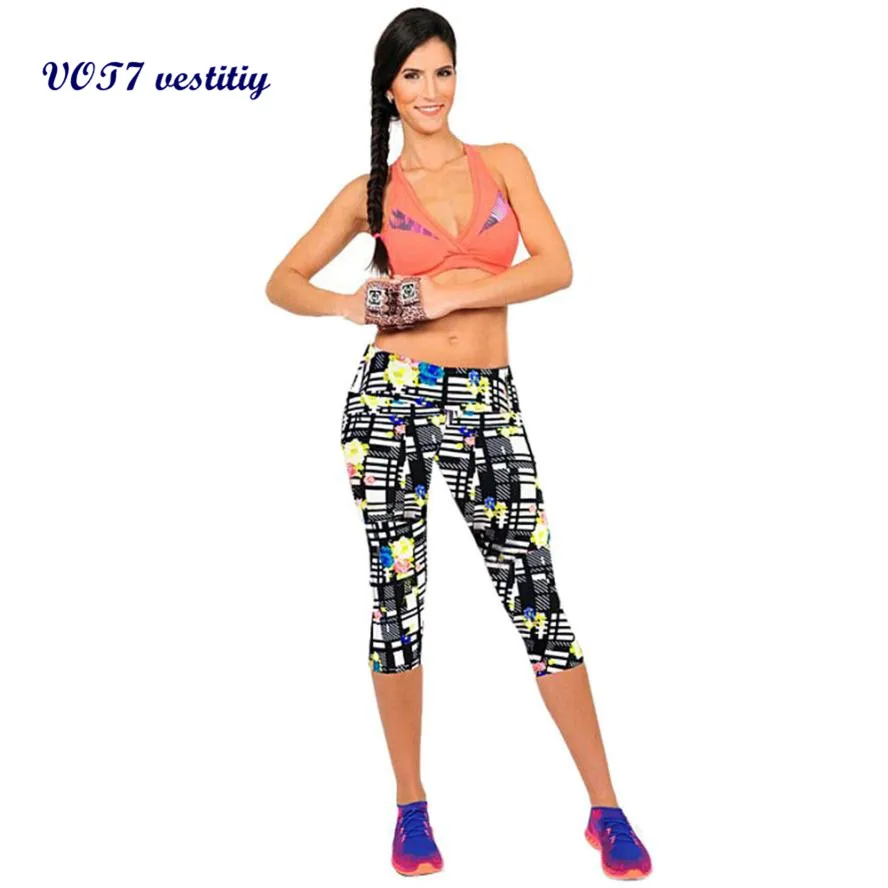 Женские Обрезанные штаны с высокой талией леггинсы из спандекса стрейч принтом
