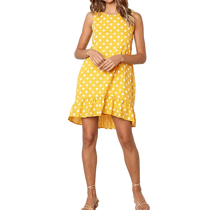 Женское богемное мини-платье в горошек с рюшами на подоле Летняя Повседневная