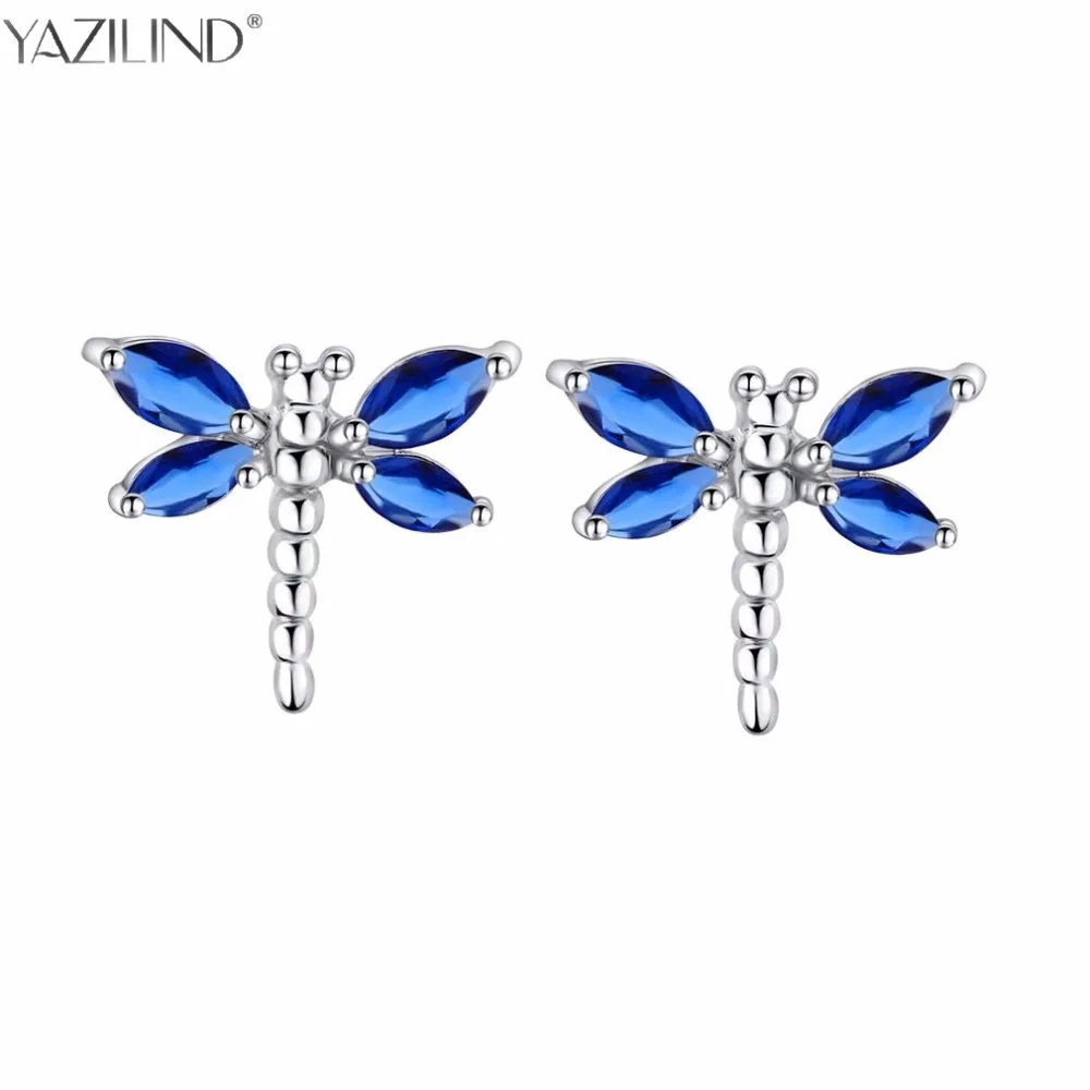 Женские серьги гвоздики YAZILIND золотистого цвета с прозрачными голубыми и