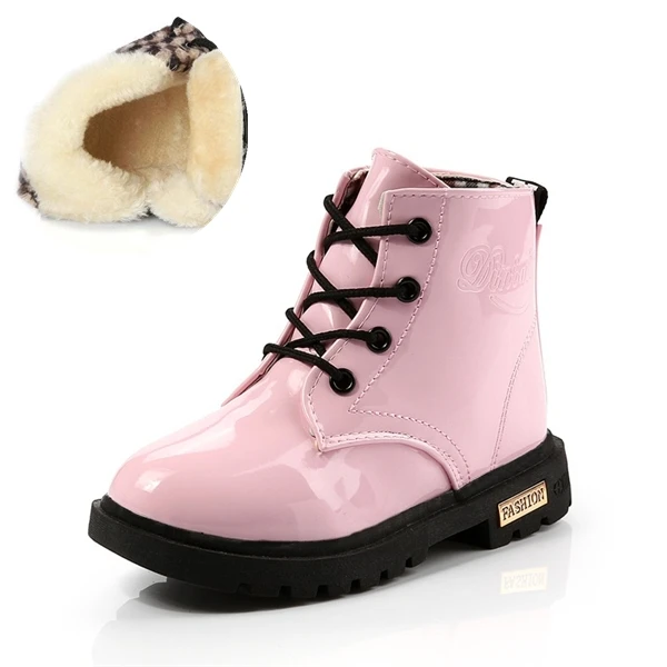 Pink with plush Сезон осень-зима; модные детские ботинки; детская обувь для мальчиков и девочек; Плюшевые Зимние ботильоны из искусственной кожи; Детские мотоботы; 050 - Цвет: Pink with plush