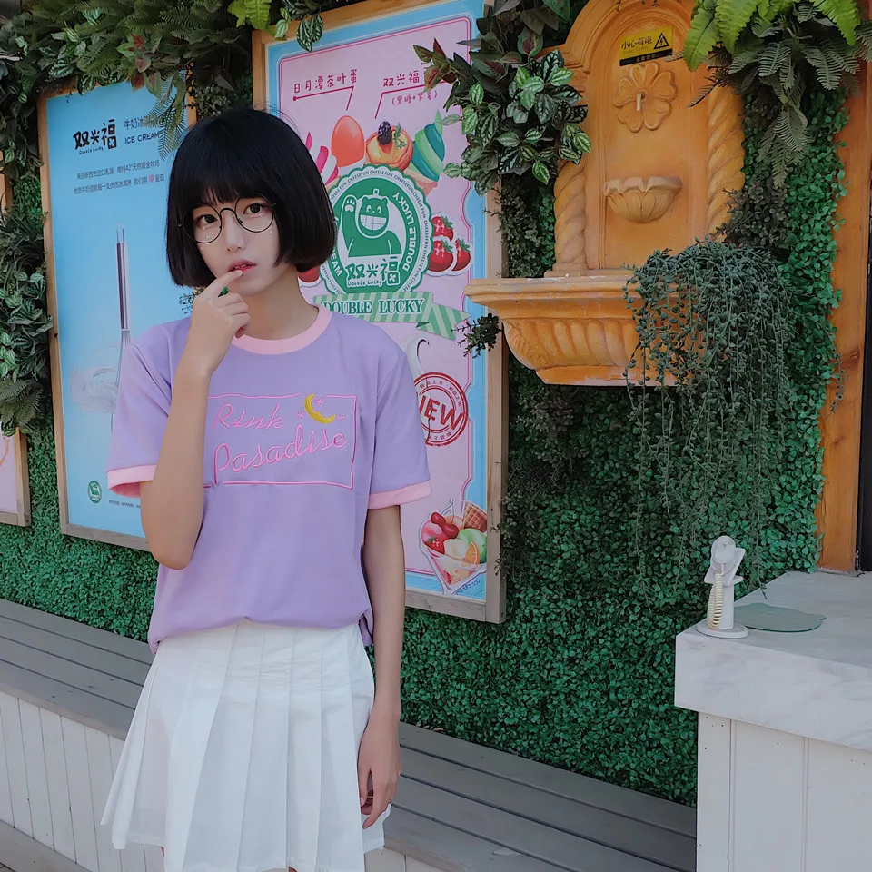 Женская модная футболка Корея ulzzang Harajuku стиль Японский дикий сладкий мягкий сестра Луна вышивка цвет соответствующие рубашка для студента