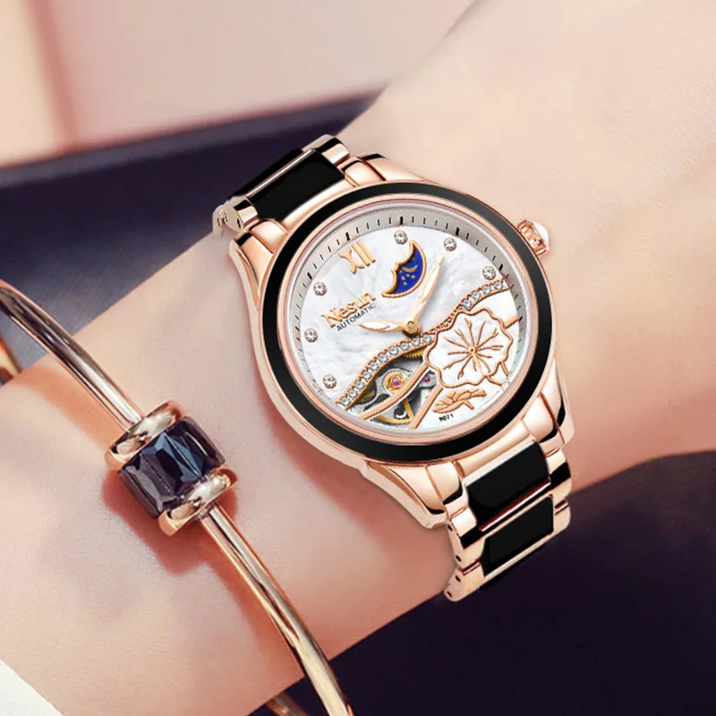 Швейцарский бренд Nesun, механические Женские часы с скелетом, топ класса люкс, керамический браслет, автоматические часы для женщин, Relogio Masculino, новинка