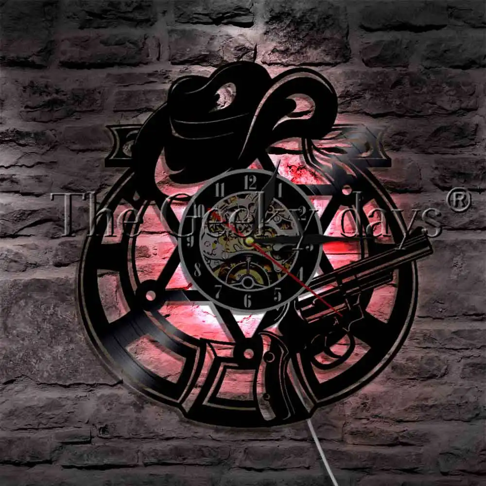  West World LED Light Sign Hat And Revolver Weapons Vinyl Record Wall Clock Cowboy Hat Atmosphere Light Wall Lamp
