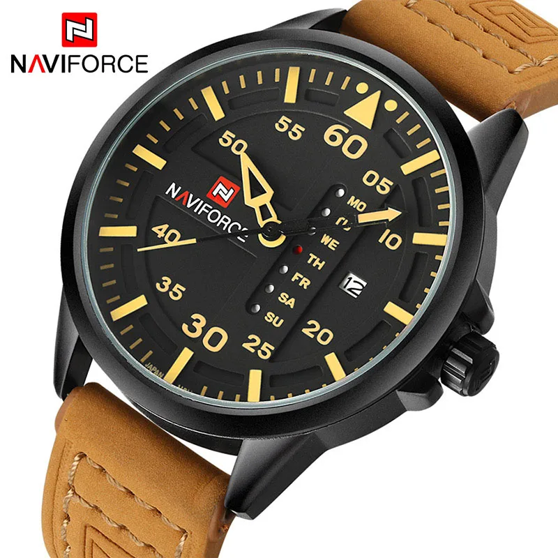NAVIFORCE Роскошные Брендовые мужские армейские военные часы Мужские кварцевые часы с датой мужские спортивные наручные часы с кожаным ремешком Relogio Masculino - Цвет: Yellow