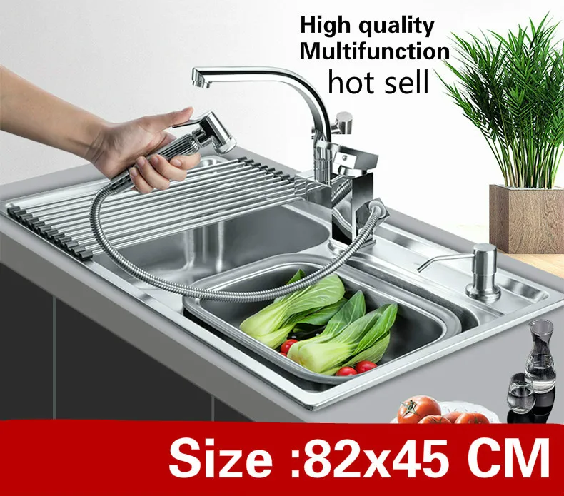 

Free shipping Home multifunction vogue capacity wash vegetables kitchen double groove sink 304 stainless steel 820x450 MM