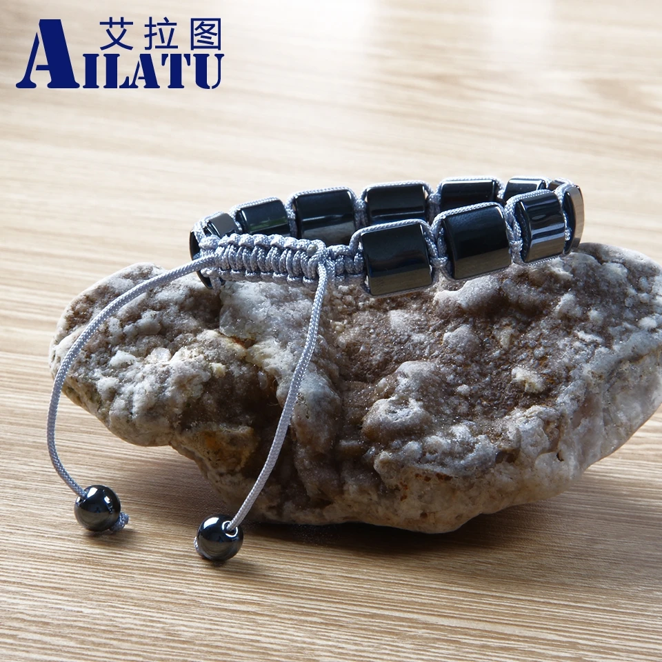 Ailatu осенние мужские ювелирные изделия черный камень Helmatite Квадратные бусины плетение макраме браслет