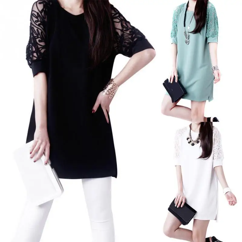 Для женщин летнее платье с кружевами для девочек модные середине рукава