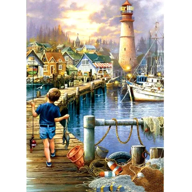 

Full Square Drill 5D DIY Diamond Painting Fishing Boy Kid Tower Scenery" Embroidery Cross Stitch Lighthouse Home Decor Gifts